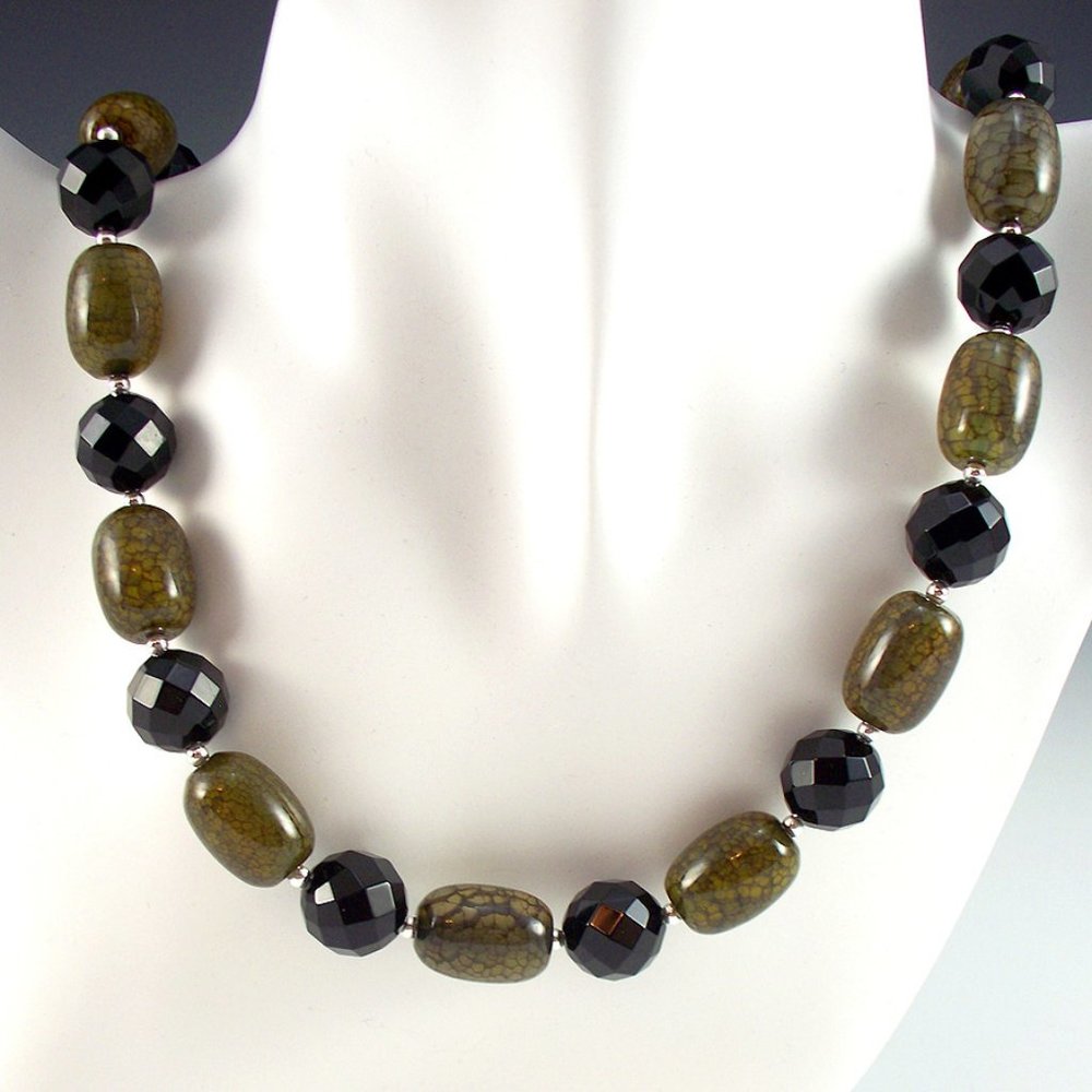 Crackle Agate, Onyx, and Sterling Silver Necklace